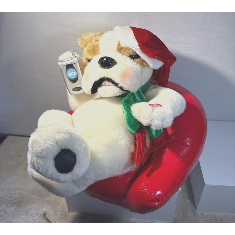 Holiday Bulldog Plush Singing In Chair Santa Hat Holding Flip Phone Christmas